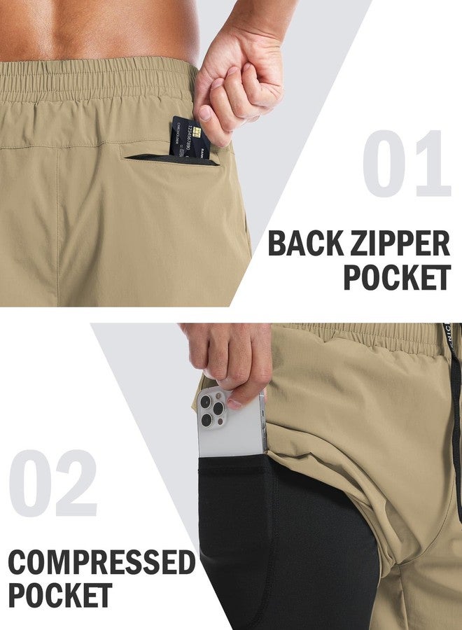 Aolesy Men’s 2 in 1 Running Shorts 7 Inch Quick Dry Workout Gym Shorts with Pockets Tennis Training Athletic Shorts with Liner for Men Khaki - Image 5
